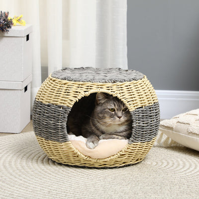 Wicker Cat Cave With Washable Cushion - 40x30cm Pawhut