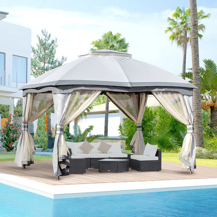 Grey Gazebo With Curtains, Stylish 2 Tier Roof, 3.7x3m