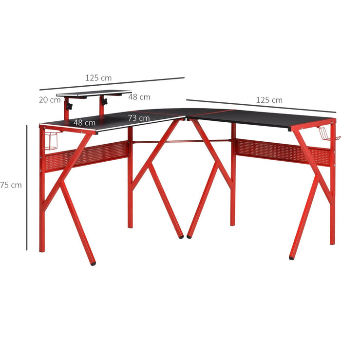 L Shaped Gaming Desk With Monitor Stand, Headset Hook, Red