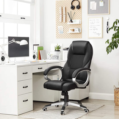 Reclining Desk Chair With Wheels, Black Faux Leather Songmics