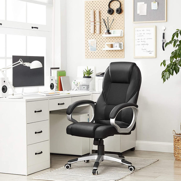 Reclining Desk Chair With Wheels, Black Faux Leather