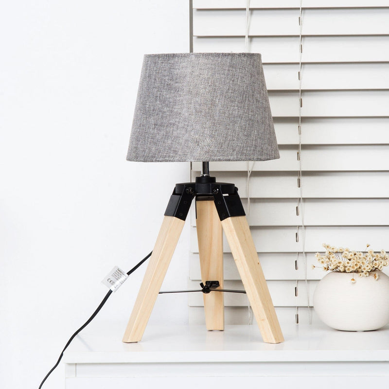 Wooden Tripod Table Lamp With Grey Shade