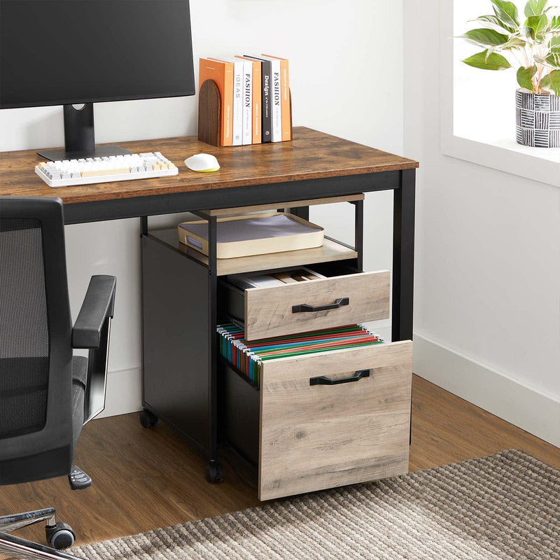Small Under Desk Filing Cabinet With Wheels For Home Office, Greige Wooden Body and Black Steel Frame by Vasagle