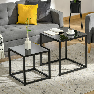 Set of 2 Black Glass Nested Tables Homcom