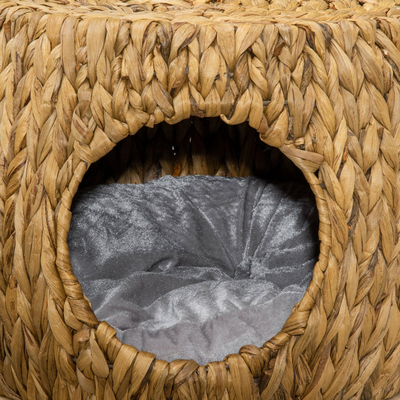 Water Hyacinth Grass Wicker Cat House Stool with Cushion
