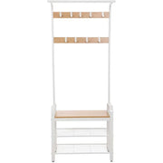 Hallway Coat and Shoe Rack by Vasagle - white steel frame with oak wooden seat, two open shelves for shoes and 9 coat hooks