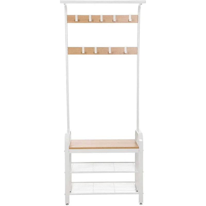 Hallway Coat and Shoe Rack by Vasagle - white steel frame with oak wooden seat, two open shelves for shoes and 9 coat hooks
