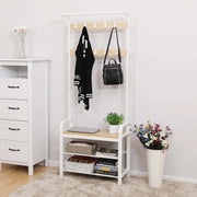 Hallway Coat and Shoe Rack by Vasagle - white steel frame with oak wooden seat, two open shelves for shoes and 9 coat hooks