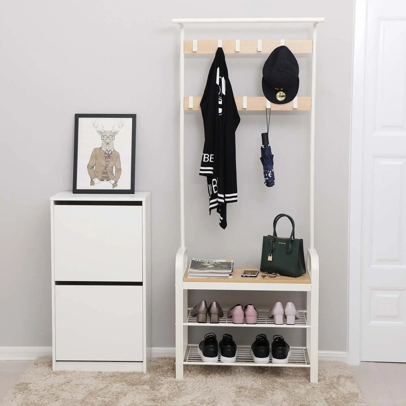Hallway Coat and Shoe Rack by Vasagle - white steel frame with oak wooden seat, two open shelves for shoes and 9 coat hooks