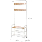 Hallway Coat and Shoe Rack by Vasagle - white steel frame with oak wooden seat, two open shelves for shoes and 9 coat hooks