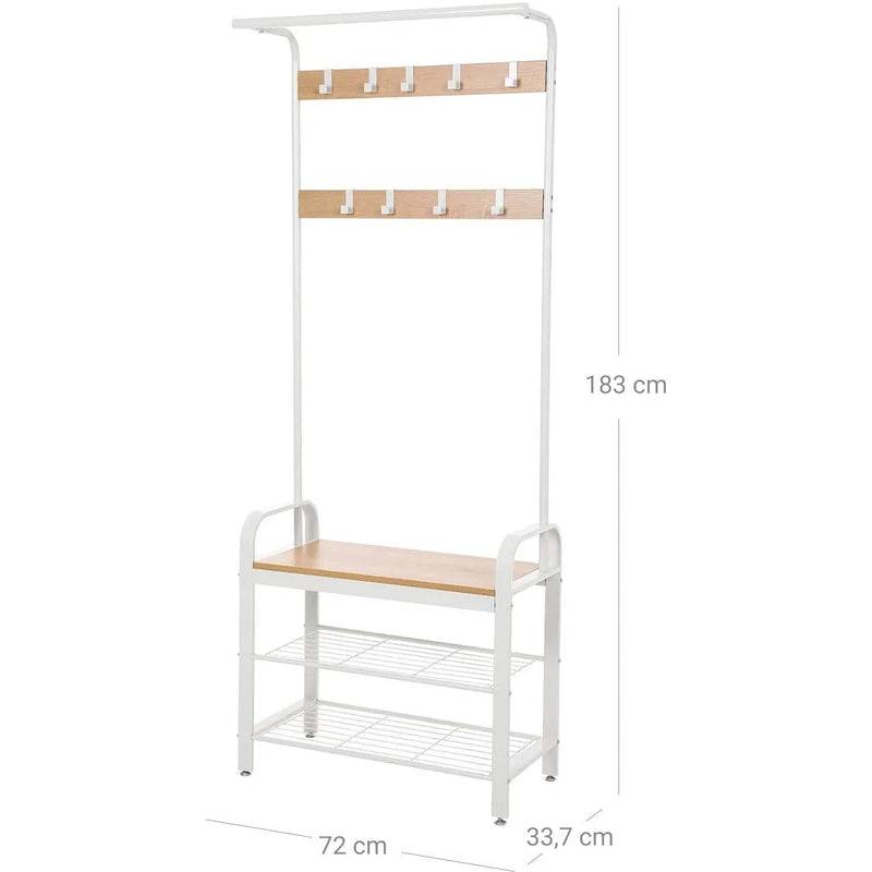 Hallway Coat and Shoe Rack by Vasagle - white steel frame with oak wooden seat, two open shelves for shoes and 9 coat hooks