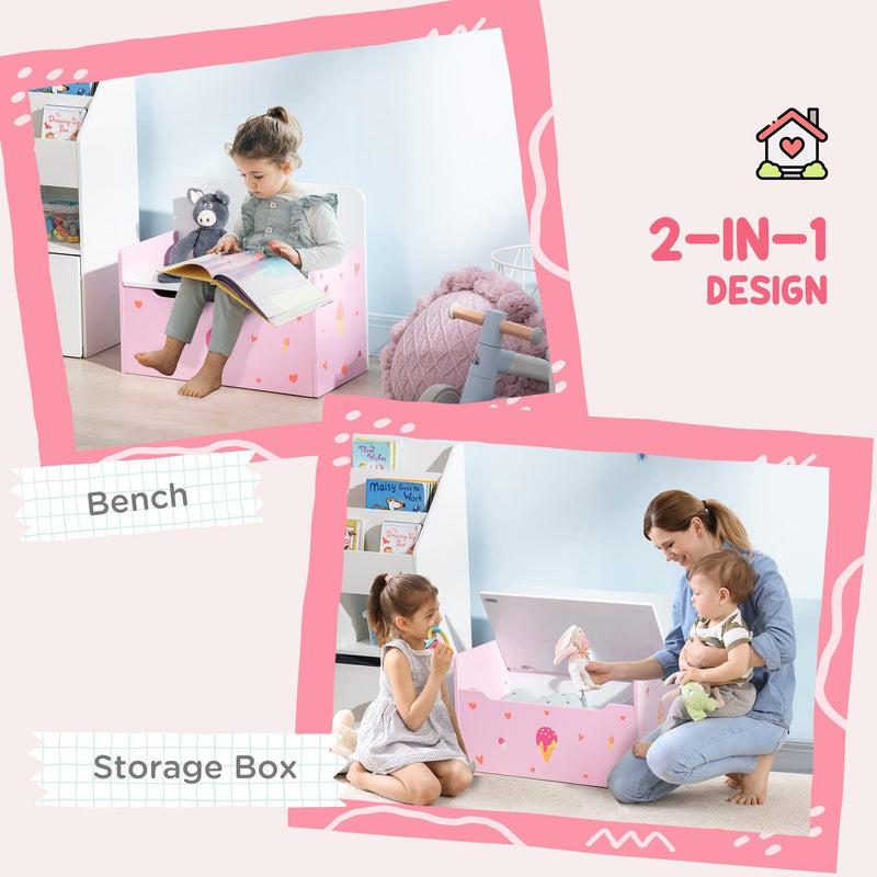 2-IN-1 Wooden Toy Box: Pink Cute Pattern, Safety Rod