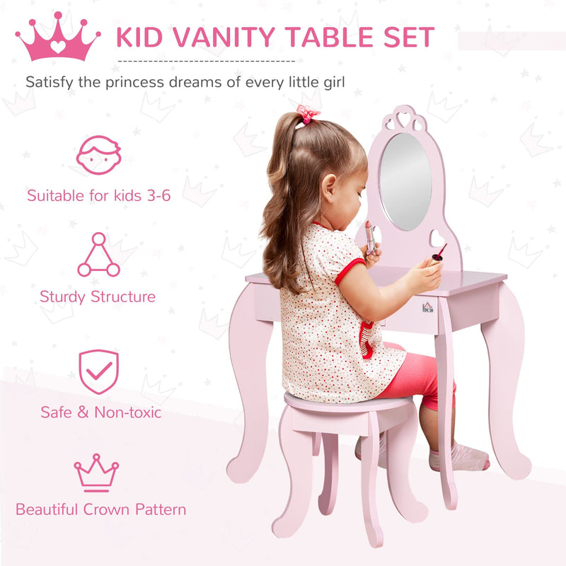 Kids Dressing Table and Stool Set with Mirror, Pink