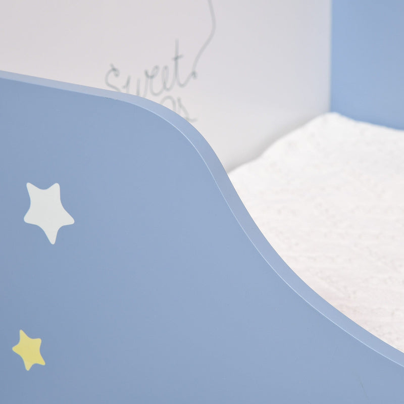 Kids Wooden Bed, Guardrails, Stars, 143x74x59cm, Blue