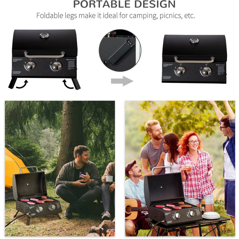 Portable 2 Burner Gas BBQ Grill with Lid Thermometer, Black