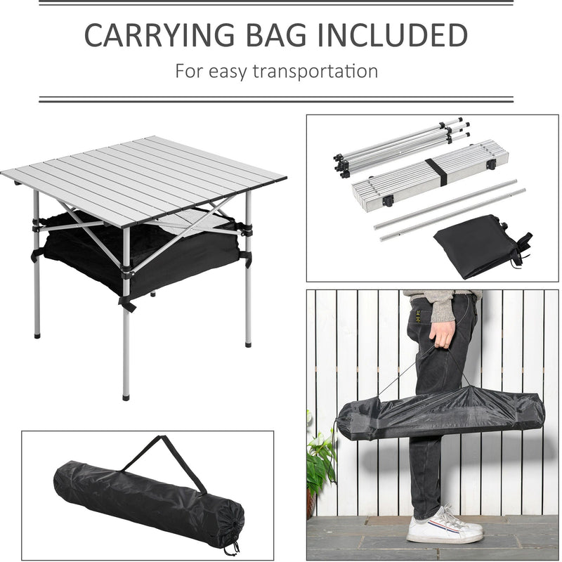 Outsunny Aluminum Roll-Top Table w/ Mesh Bag Camping Outdoor Dining Foldable w/ Steel Frame Picnic Lightweight Hiking Furniture Desk, Silver Black Outsunny