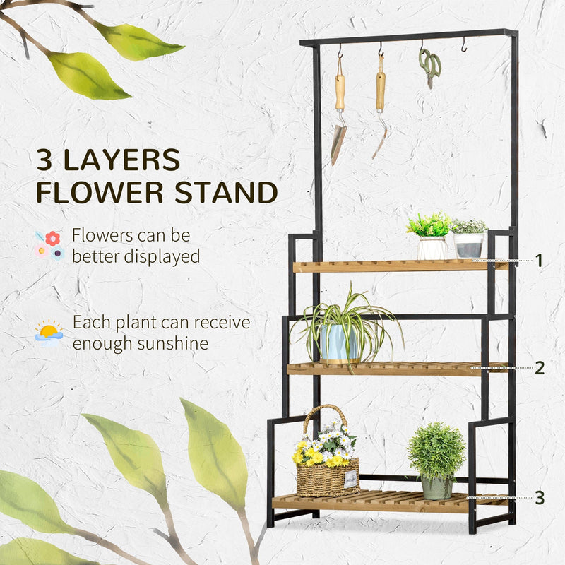 3 Tiered Plant Stand with Hanging Hooks for Indoor/Outdoor