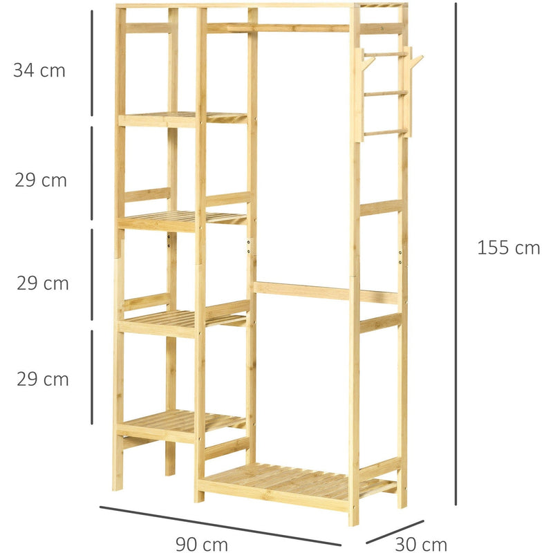 Bamboo Clothes Rack w/ Shelf, Rail & Hooks, Natural