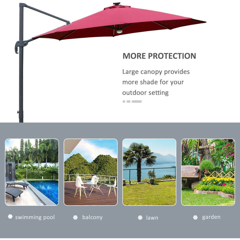 Image of a red cantilever parasol with solar lights