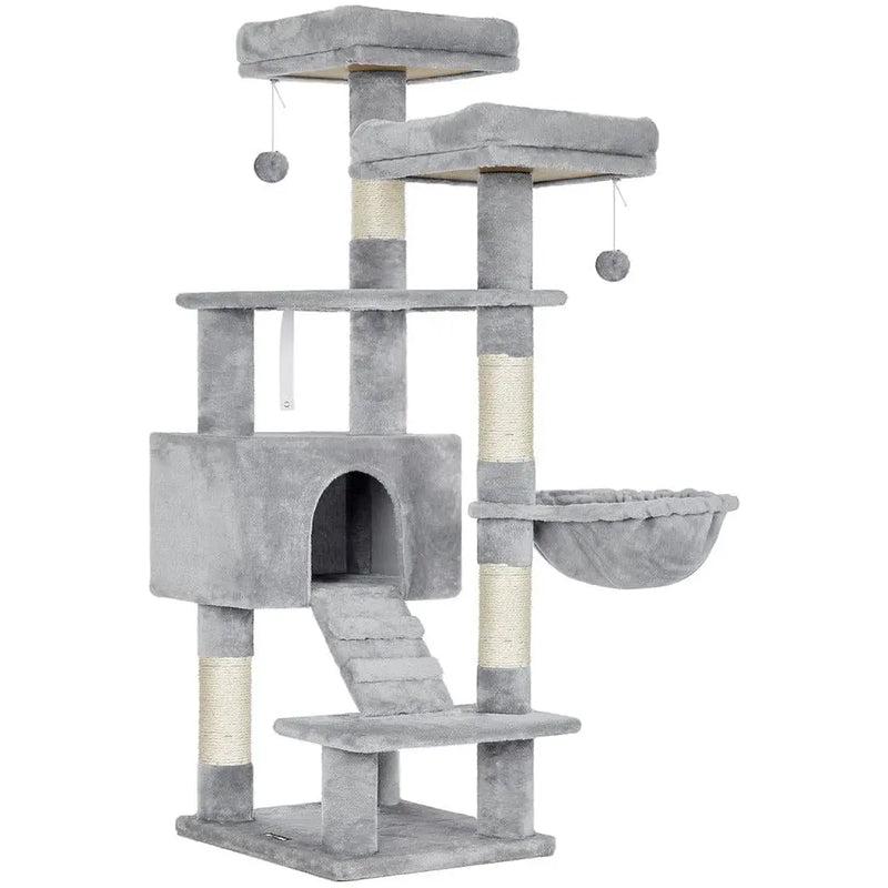 Feandrea Large Grey Cat Tree Tower with Hammock & Pompoms
