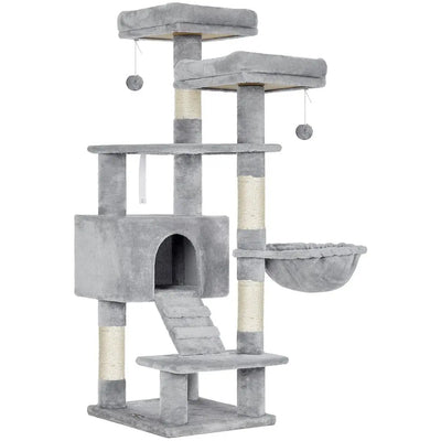 Feandrea Large Grey Cat Tree Tower with Hammock & Pompoms