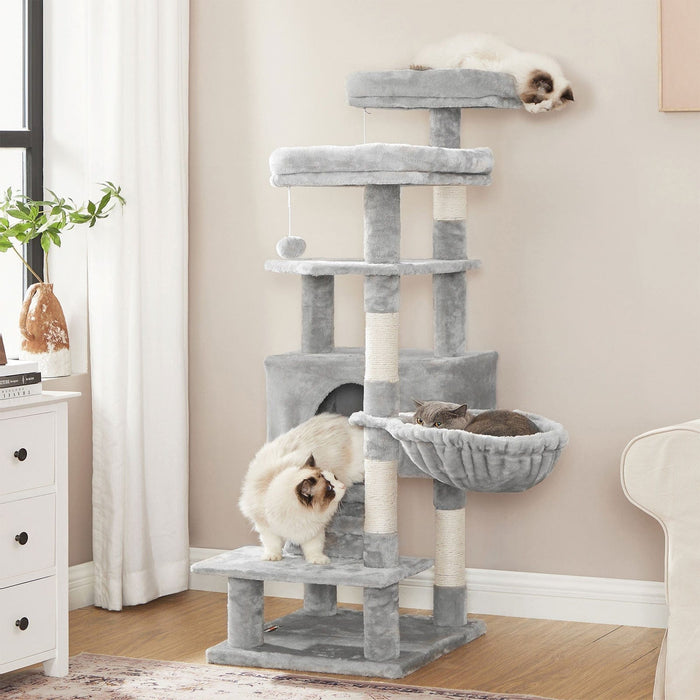 Large Grey Cat Tree Tower with Hammock & Pompoms