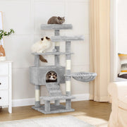 Feandrea Large Grey Cat Tree Tower with Hammock & Pompoms