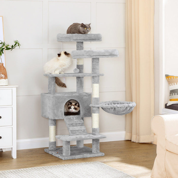 Large Grey Cat Tree Tower with Hammock & Pompoms