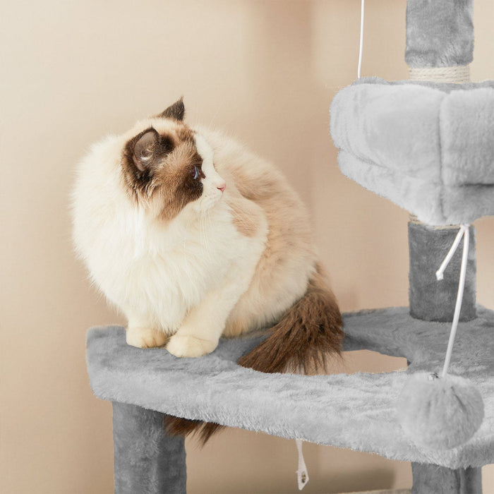 Large Grey Cat Tree Tower with Hammock & Pompoms