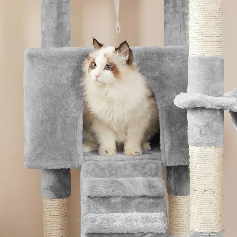 Feandrea Large Grey Cat Tree Tower with Hammock & Pompoms