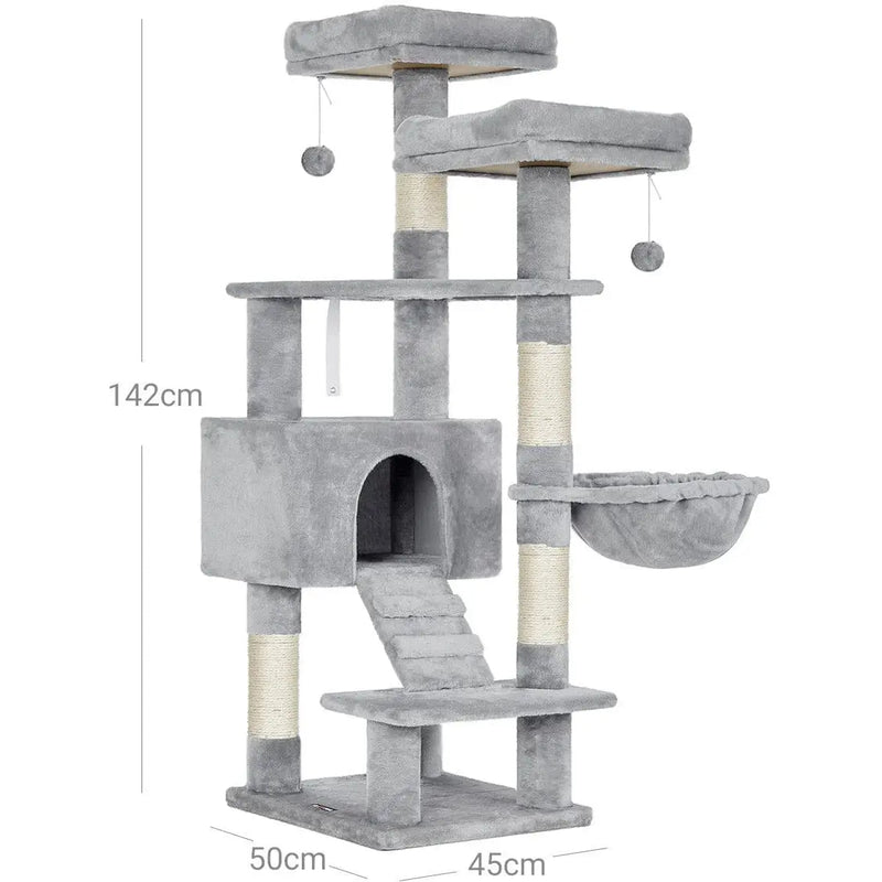 Feandrea Large Grey Cat Tree Tower with Hammock & Pompoms