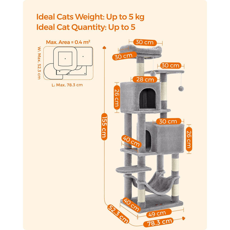 Feandrea 155cm Tall Cat Tree, Light Grey
