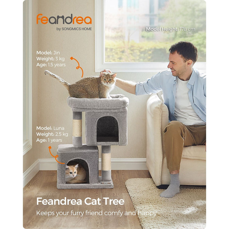 Feandrea Small Cat Tree Dual Caves, Light Grey 67cm