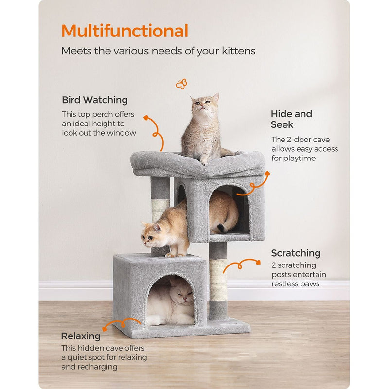 Feandrea Small Cat Tree Dual Caves, Light Grey 67cm
