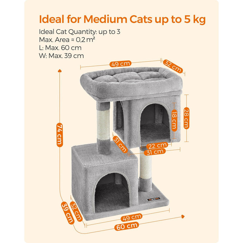 Feandrea Cat Tree Dual Caves, Light Grey 74cm