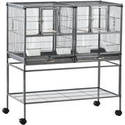 PawHut Double Rolling Metal Bird Cage Parrot Cage with Removable Metal Tray, Storage Shelf, Wood Perch, and Food Container Pawhut