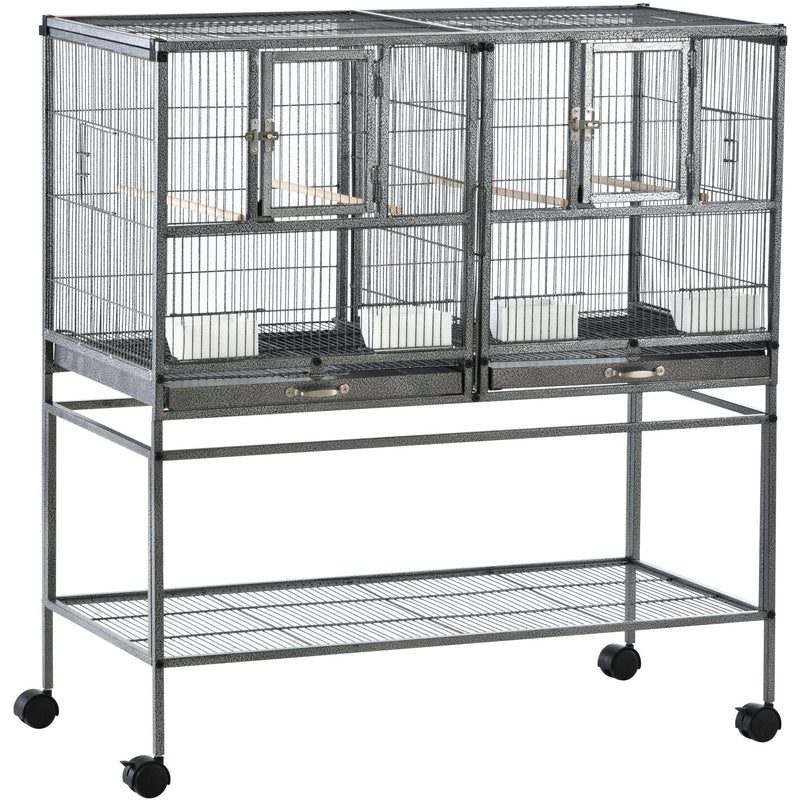 PawHut Double Rolling Metal Bird Cage Parrot Cage with Removable Metal Tray, Storage Shelf, Wood Perch, and Food Container Pawhut