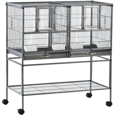 PawHut Double Rolling Metal Bird Cage Parrot Cage with Removable Metal Tray, Storage Shelf, Wood Perch, and Food Container Pawhut