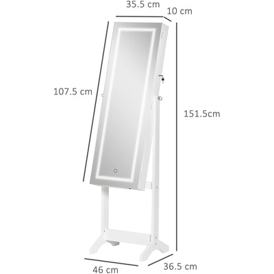 Full Length Mirror Jewellery Cabinet With Lights, White Homcom