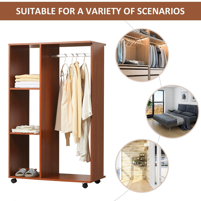 Open Wardrobe with Hanging Rail and Wheels, Walnut