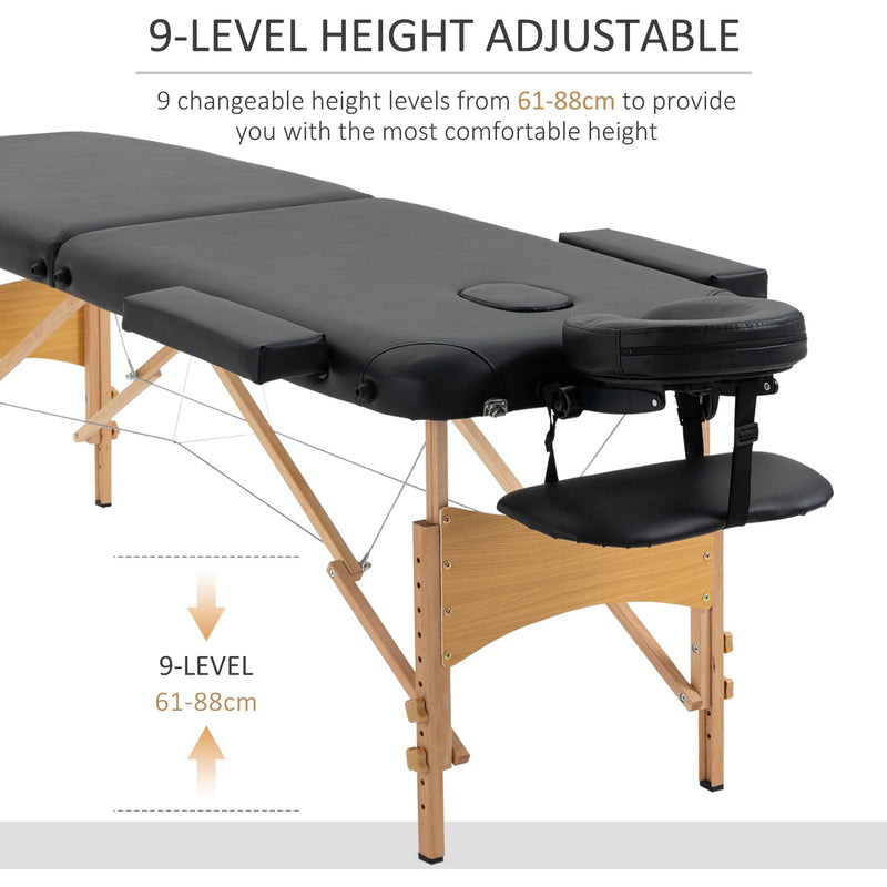 Black Portable Massage Bed, 2 Sections, Wooden Frame, Bag