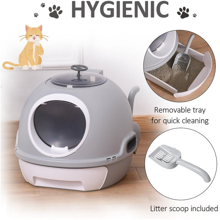 Enclosed Cat Litter Box, Easy Clean, Scoop, Skylight, Grey