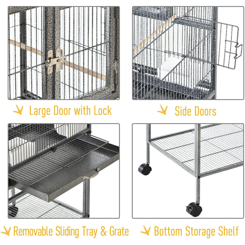 PawHut Double Rolling Metal Bird Cage Parrot Cage with Removable Metal Tray, Storage Shelf, Wood Perch, and Food Container Pawhut