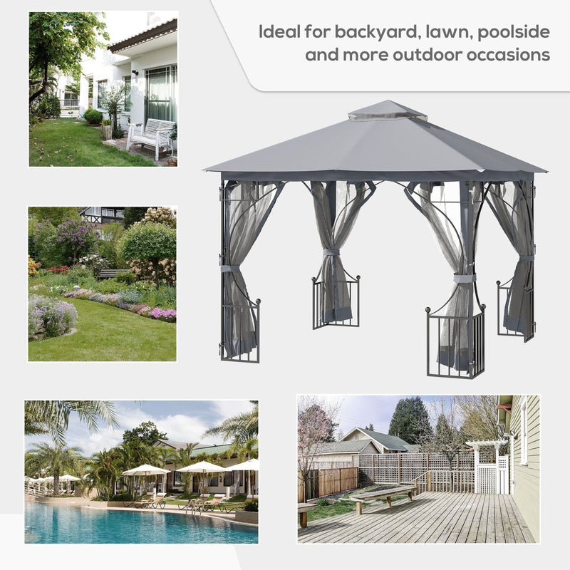 Metal Frame Gazebo With Privacy Curtains, Double Tier, 3x3m