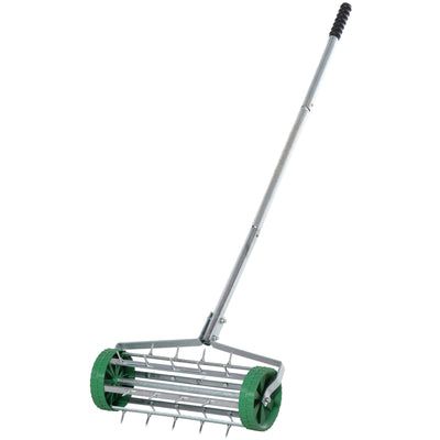 Lawn Aerator Roller for Healthier Grass and Improved Drainage Adjustable Handle Green Outsunny