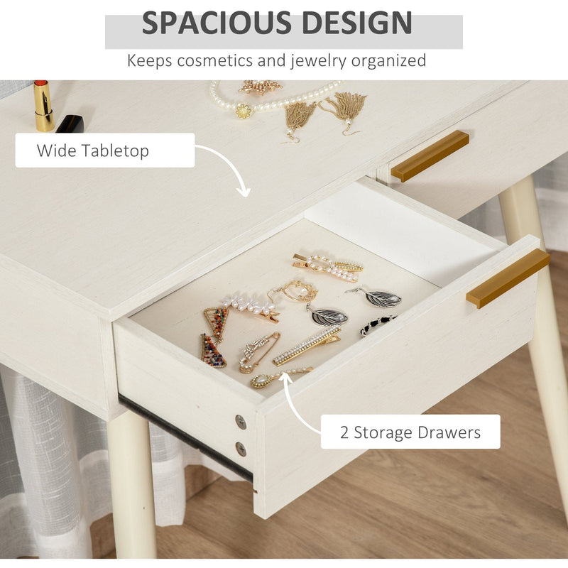 Modern Dressing Table With Round Mirror, 2 Drawers