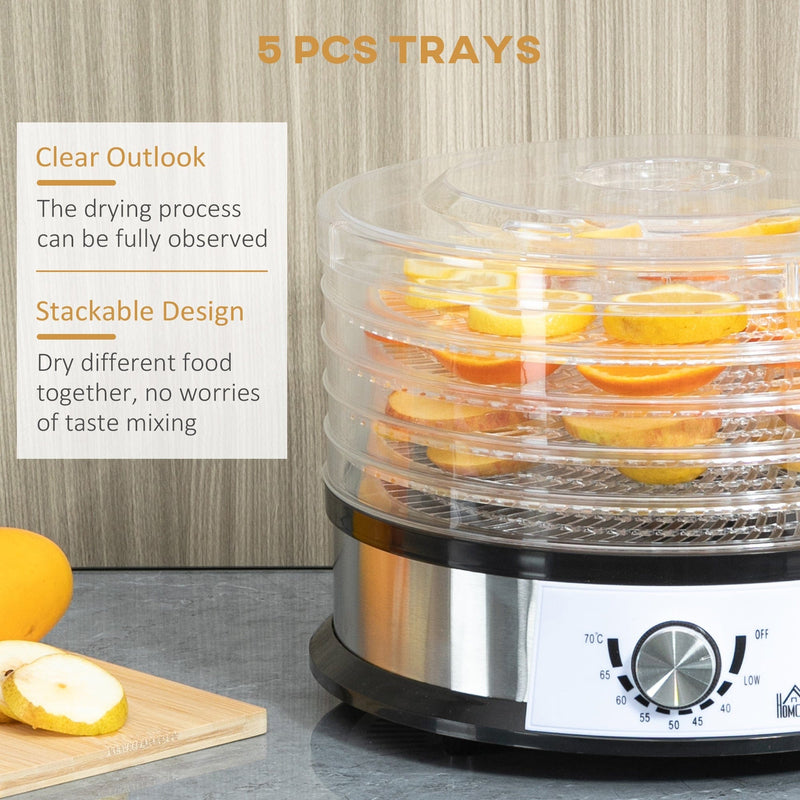 Food Dehydrator, 5-Tier, Stainless Steel, 250W, Silver