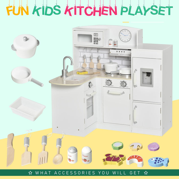 Kids Wooden Play Kitchen, Water Fountain, Microwave, White