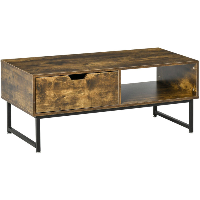 Industrial Coffee Table with Shelf, Drawer - Rustic Brown