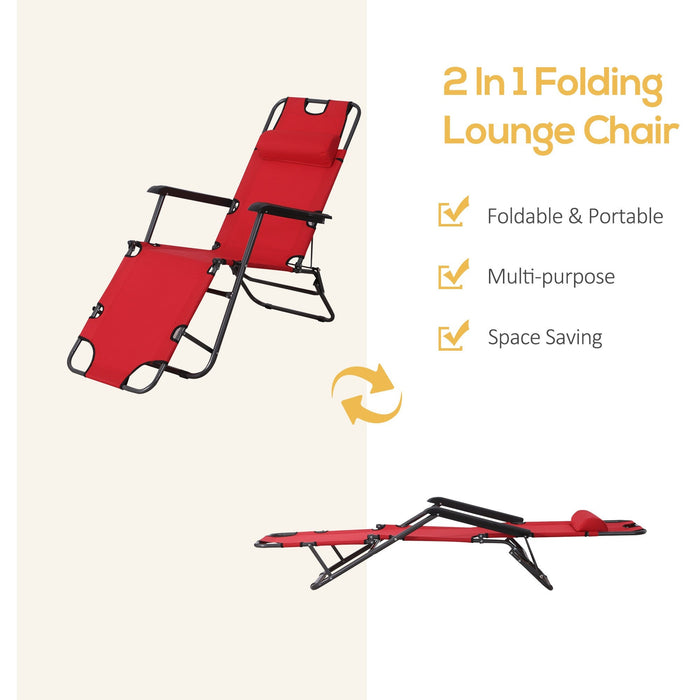 2-in-1 Folding Sun Lounger Chair with Pillow, Red